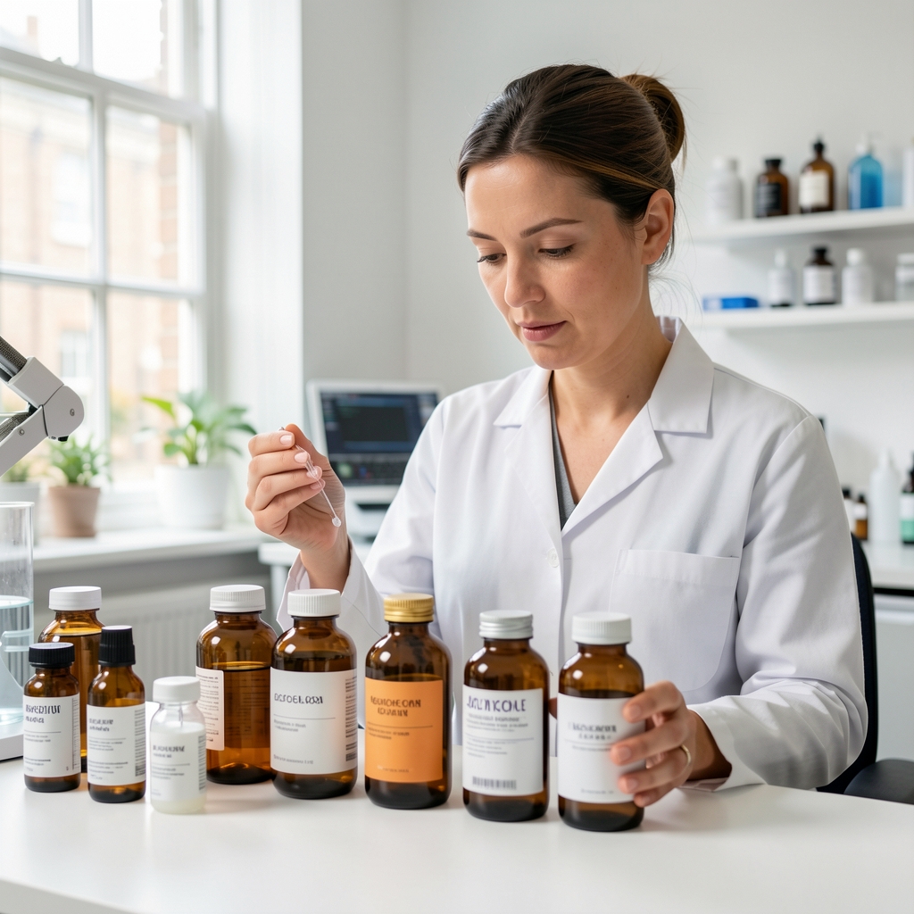 Skincare ingredient specialist examining collagen and hyaluronic acid formula samples in amber glass containers under bright studio lighting in a London workspace
