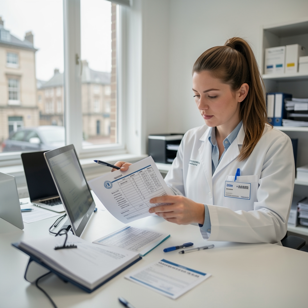 Sourcing and verification specialist cross-referencing supplier certificates of composition with batch verification records in a clean London documentation studio