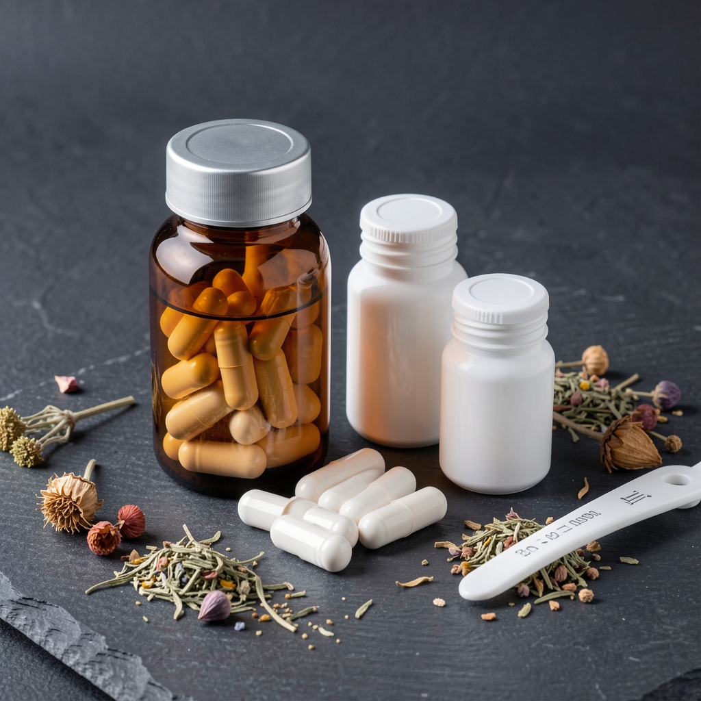 Amber glass supplement bottles and white capsule containers arranged on dark stone with scattered dried botanical herbs and a measuring spoon, clean studio lighting