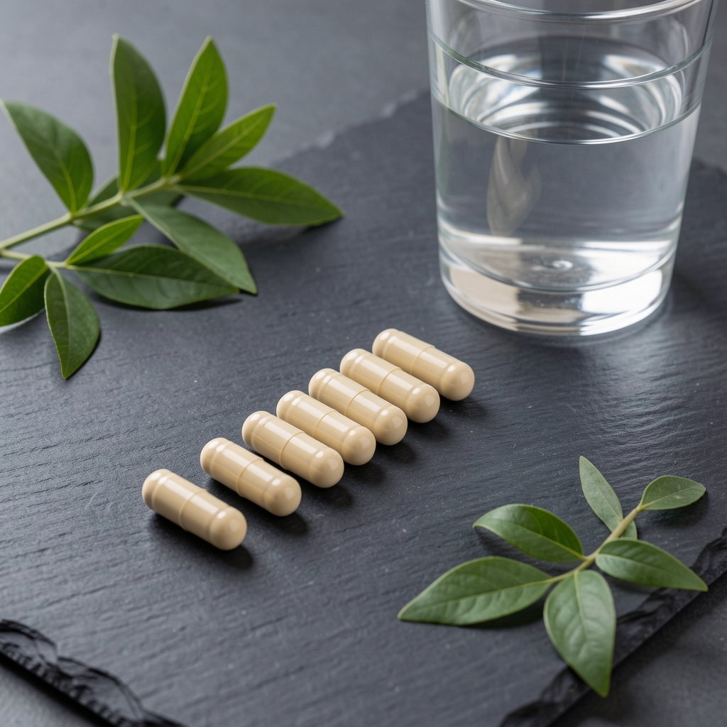 Energy supplement capsules arranged in a diagonal line on a dark slate surface with green botanical leaves and a glass of water, clean editorial composition