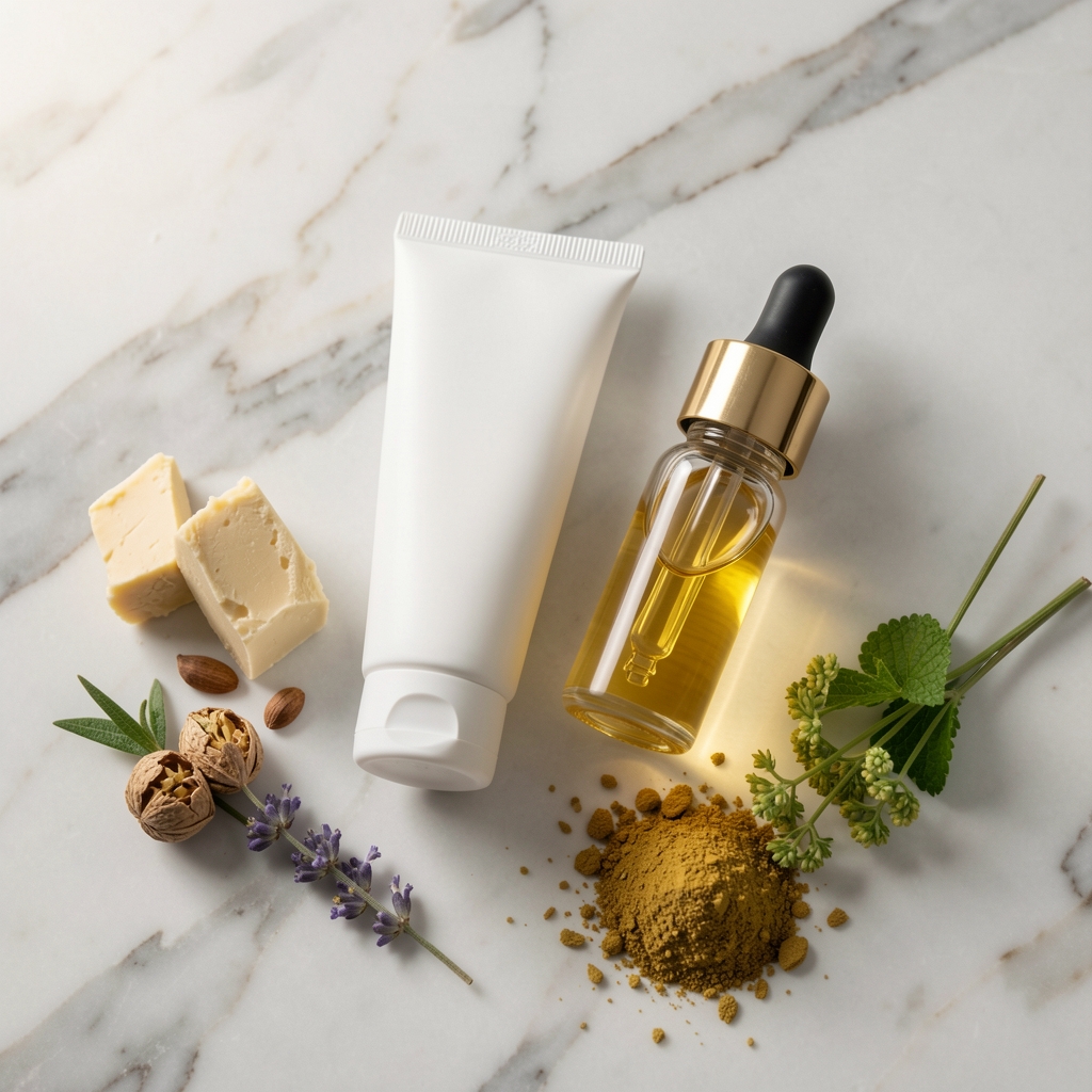 Moisturising cream tube and glass dropper serum arranged on a textured marble surface with natural ingredients including shea butter and botanical plant extracts, studio lighting