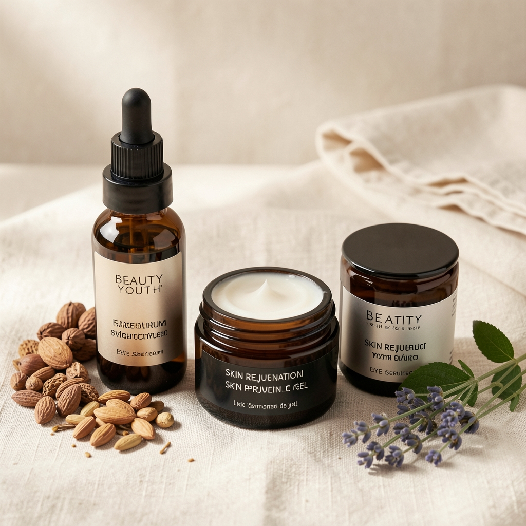 Beauty and youth skincare product range including face serum, eye cream, and skin rejuvenation gel in dark glass packaging arranged on a clean linen surface with natural ingredient samples