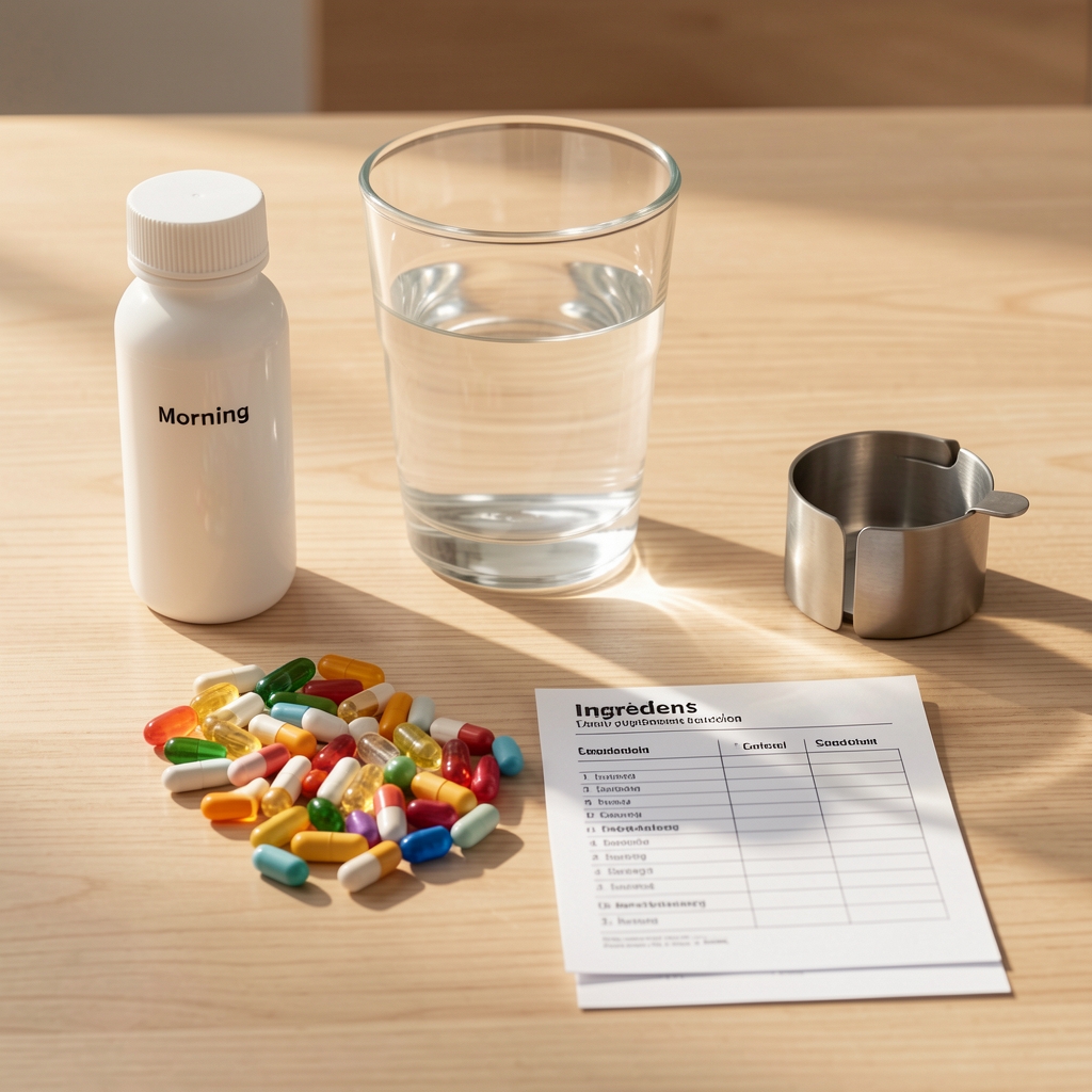 Daily supplement routine laid out on a clean wooden surface — morning vitamins, water glass, capsule holder, and ingredient schedule card under warm natural light