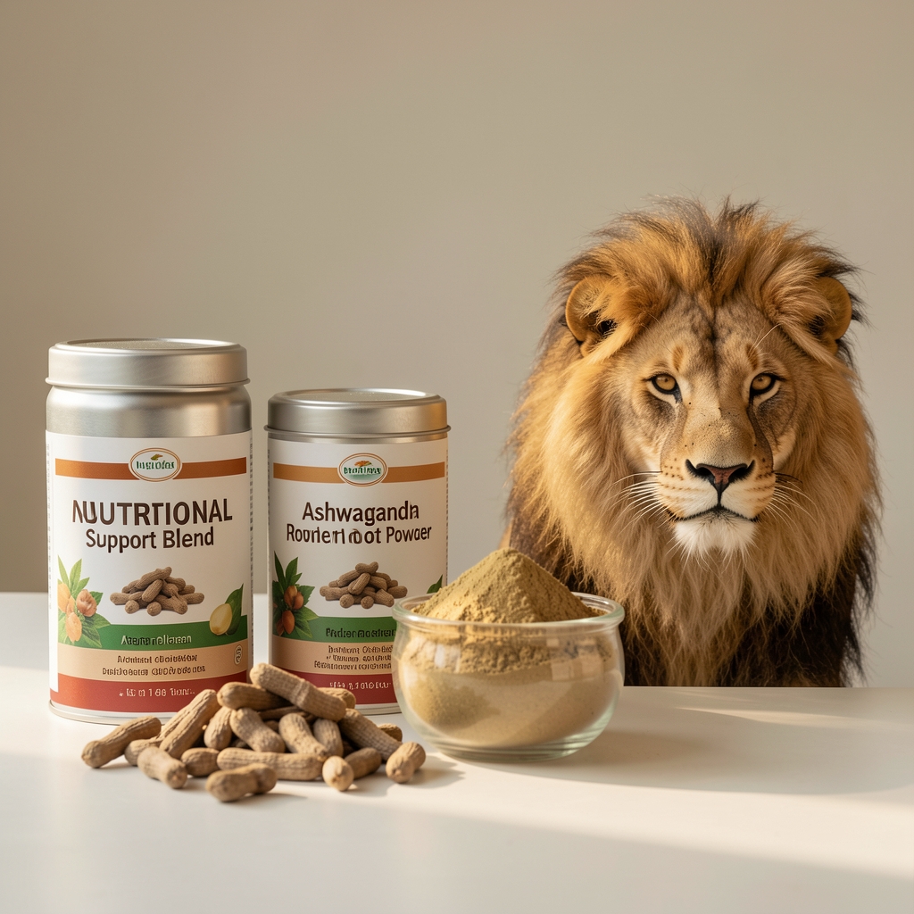 Nutritional support supplement set featuring adaptogen blend tins, ashwagandha root powder, and lion's mane mushroom extract in dark amber packaging on a clean dark surface