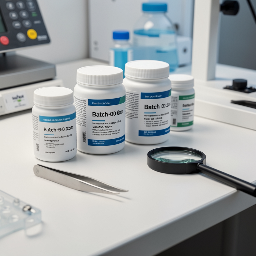 Close-up of a quality-control bench with batch-coded supplement containers, tweezers, and a magnifying loupe under controlled studio lighting in a clean workspace